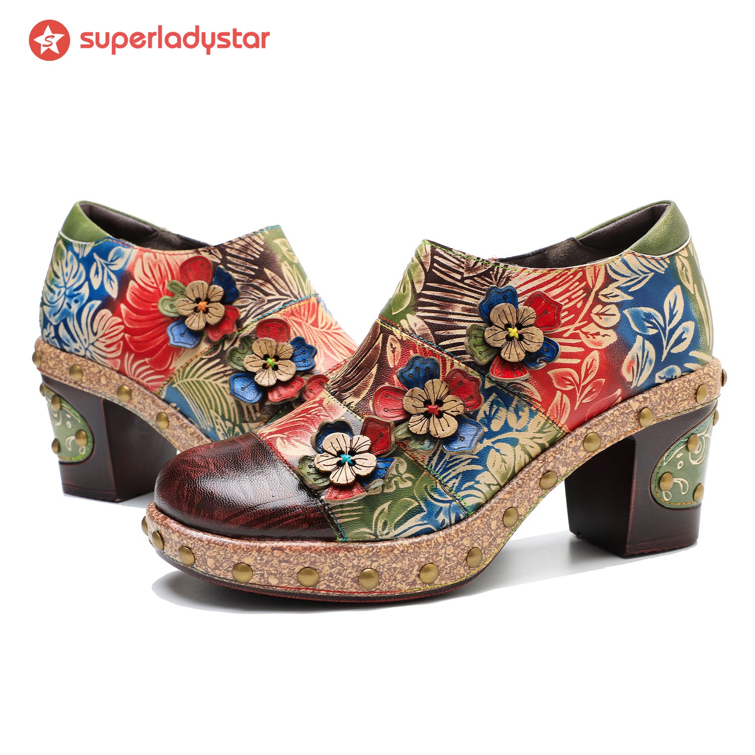 Retro Floral Floral Handmade Rivet Comfort Block Talon Pumps