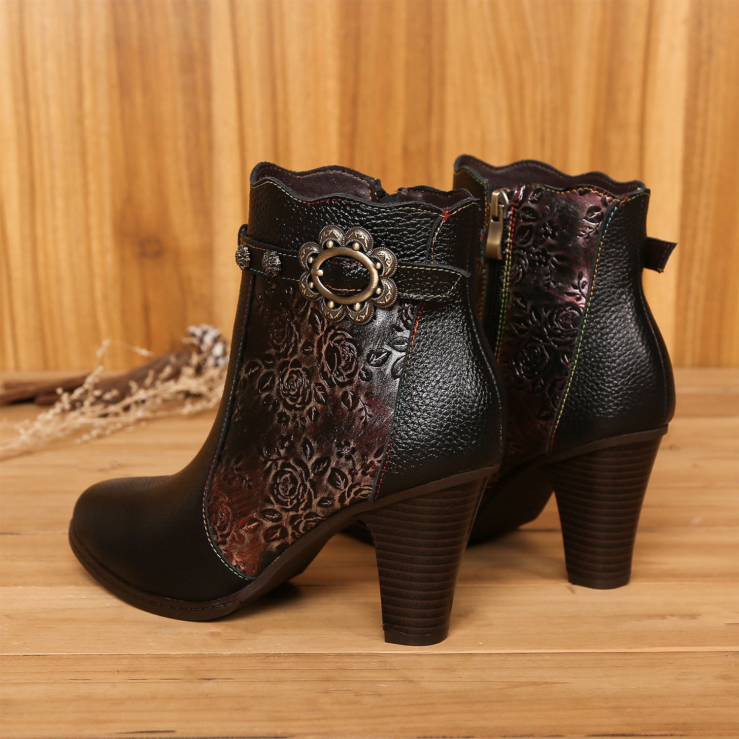 Retro Handmade Embossed Floral Stitching Booties