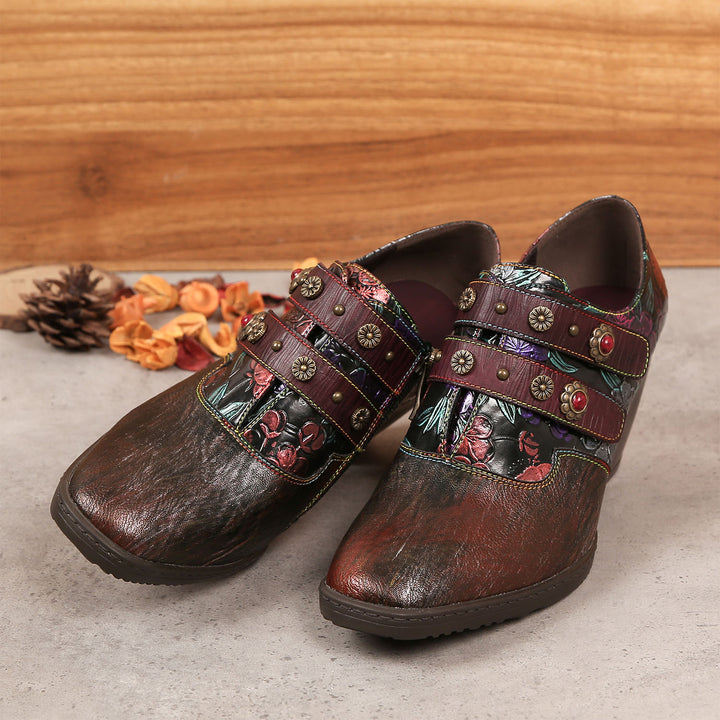 Retro Floral Embossed Square Toe Pumps