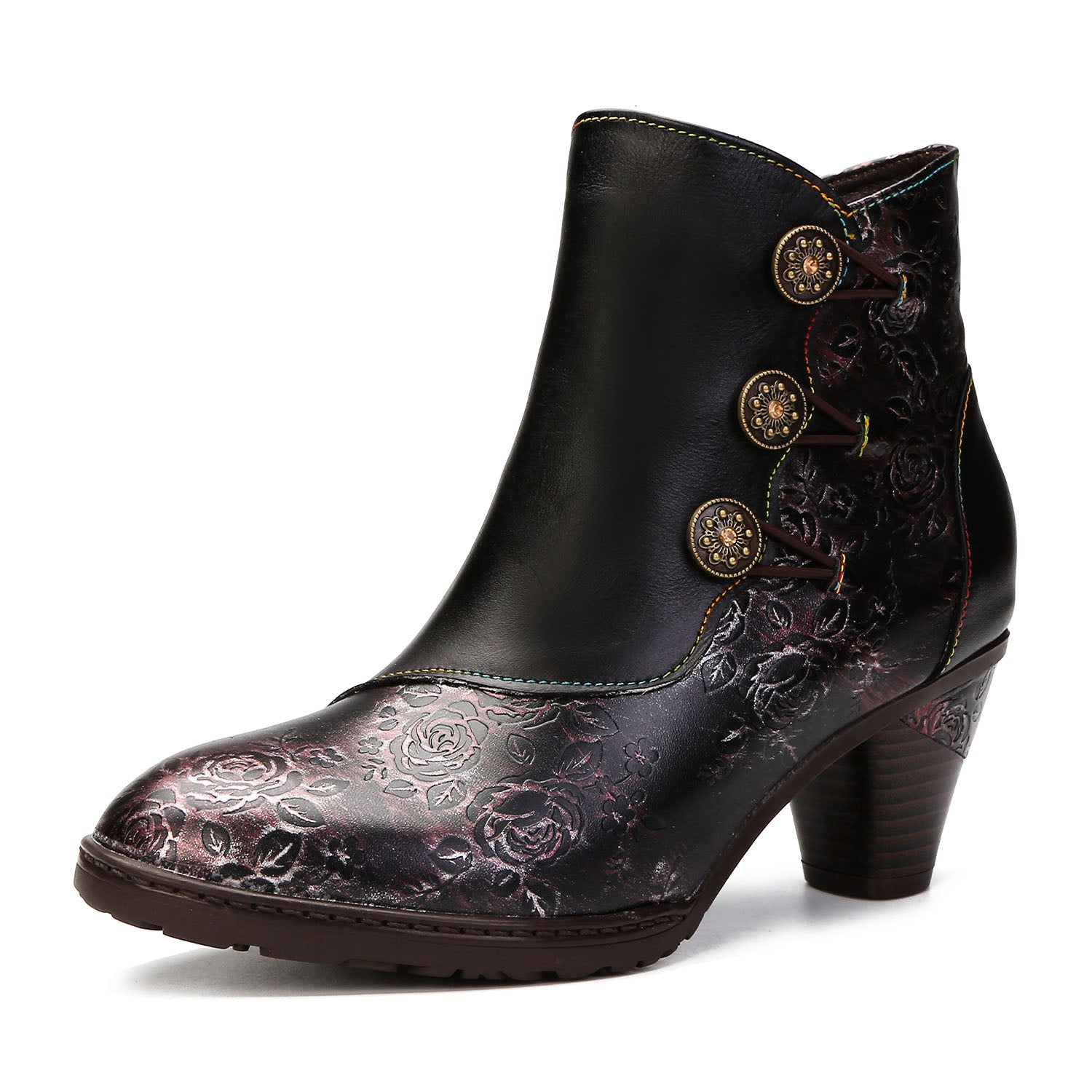 Retro Handmade Floral Stitching Button Boots