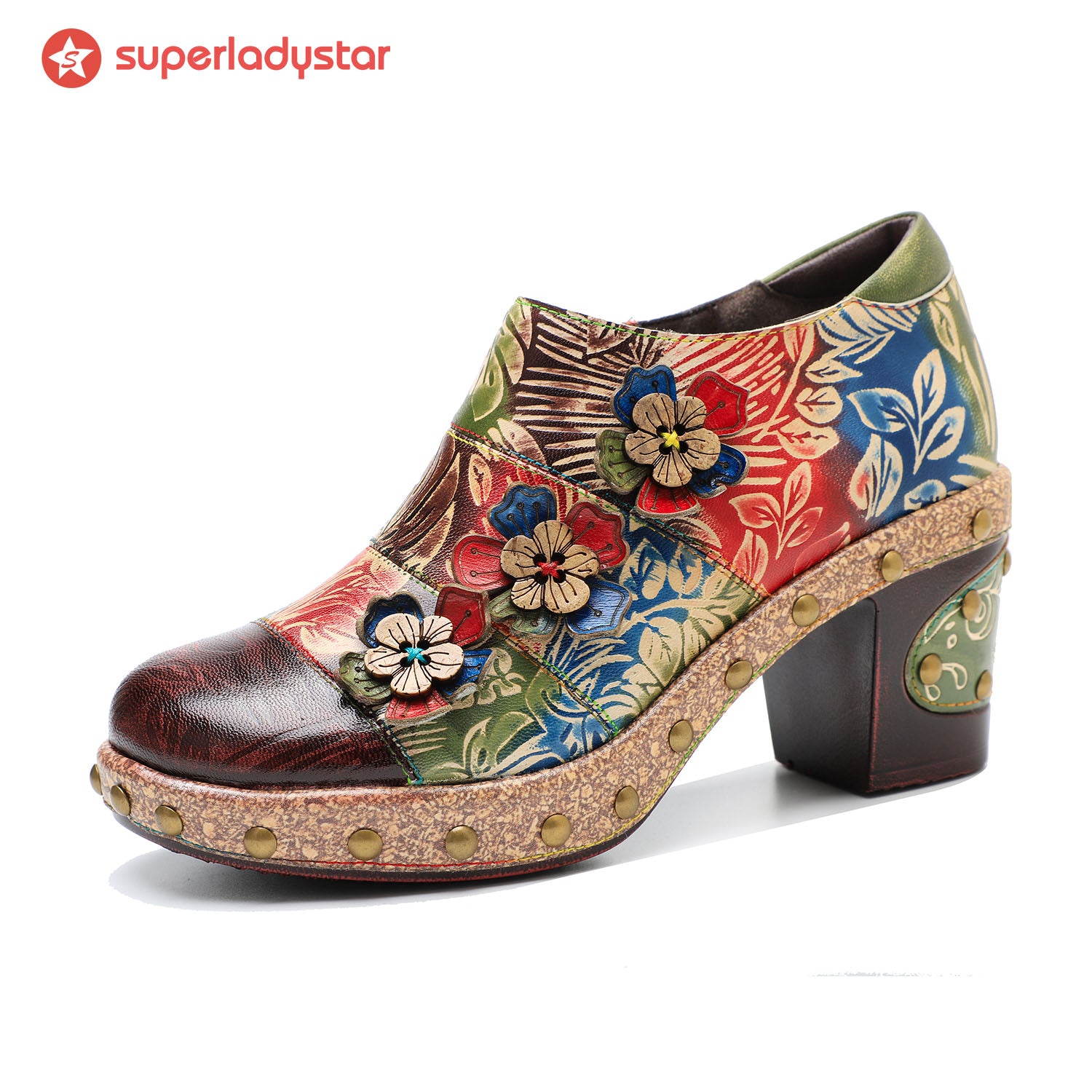 Retro Floral Floral Handmade Rivet Comfort Block Talon Pumps