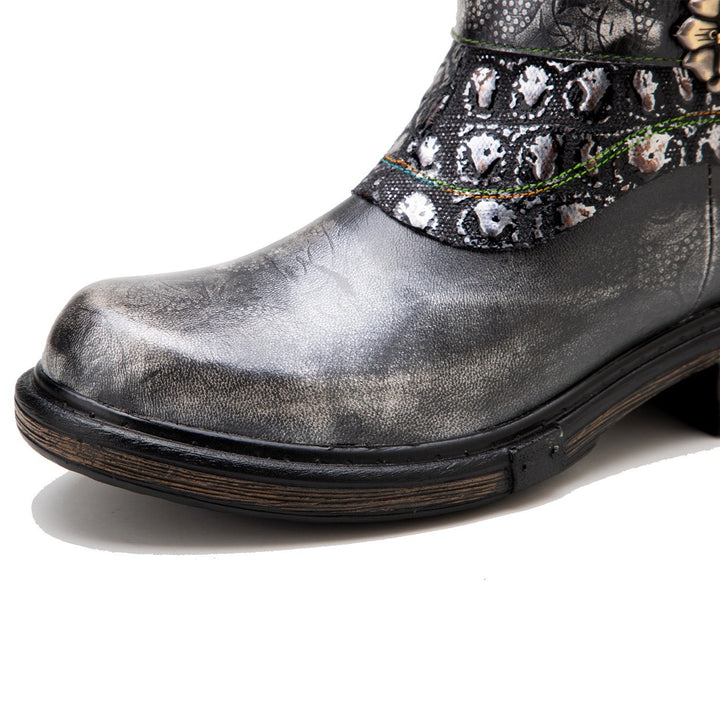 Retro Patchwork Metallic Low Heel Ankle Boots