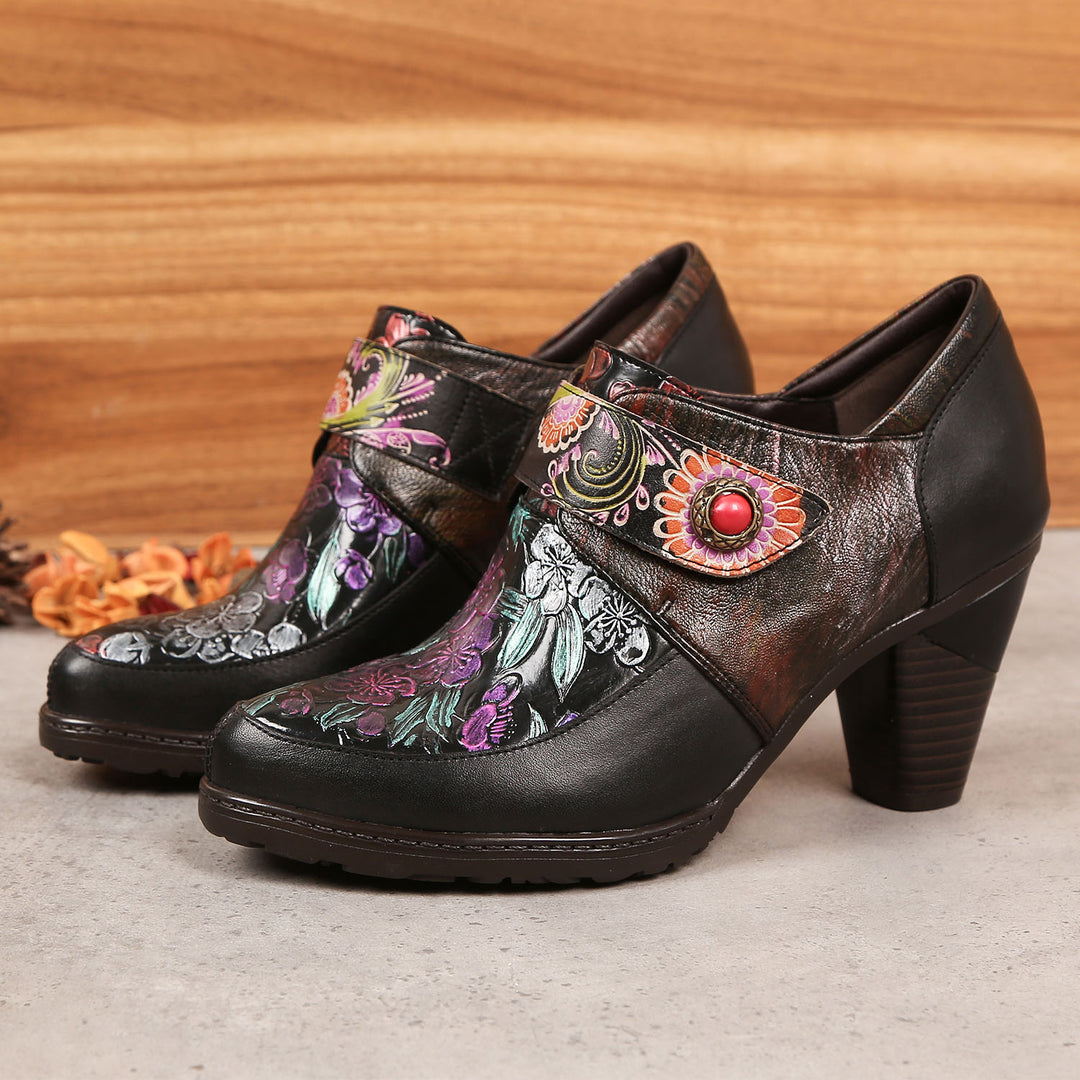 Retro Flowers Stitching Leather Pumps