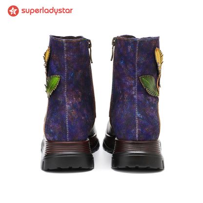 Retro Leder Patchwork Flower Casual Comfort Stiefeletten