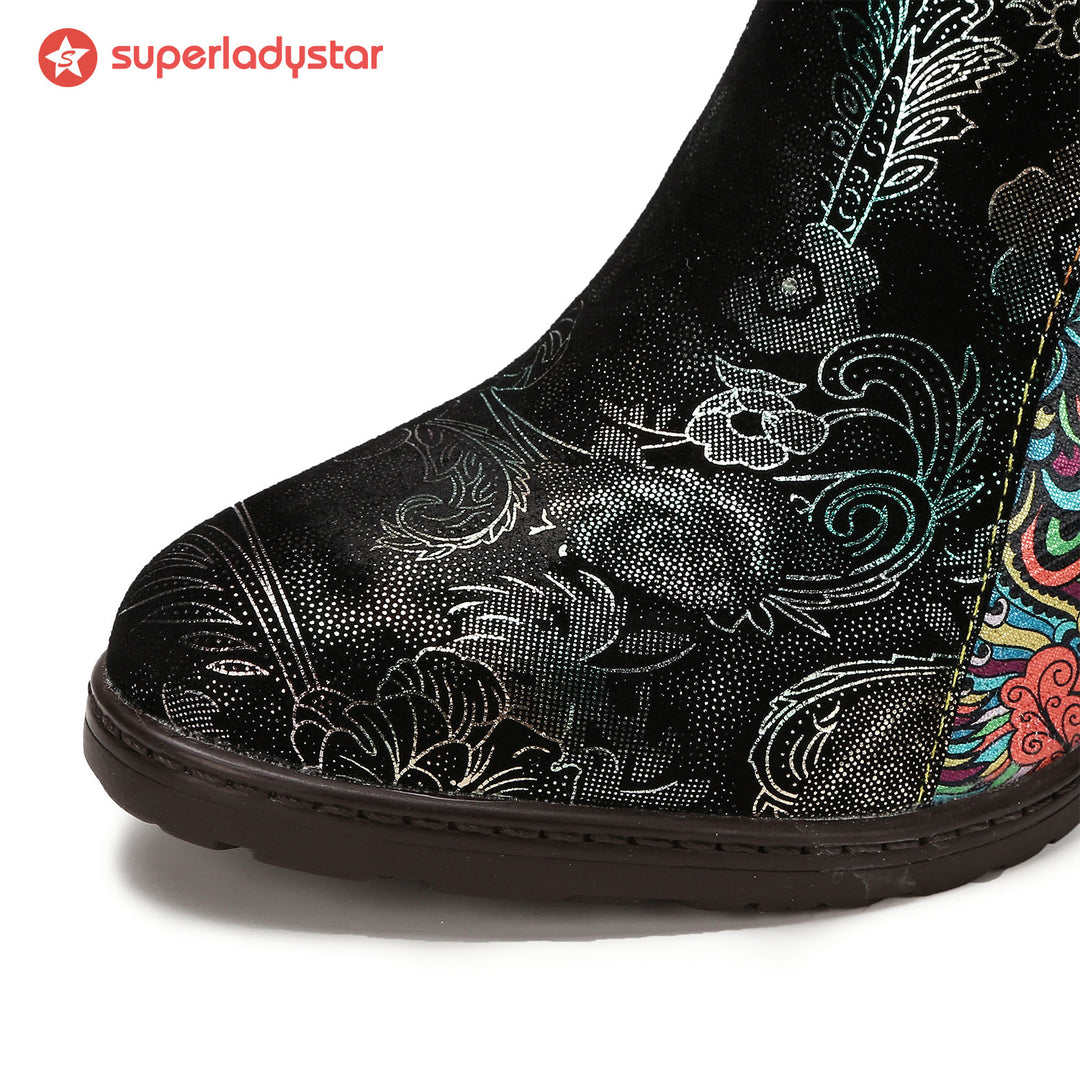 Genuine Leather Comfy Floral Stitching Ankle Boots