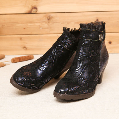 Retro Handmade Lace Floral Stitching Boots