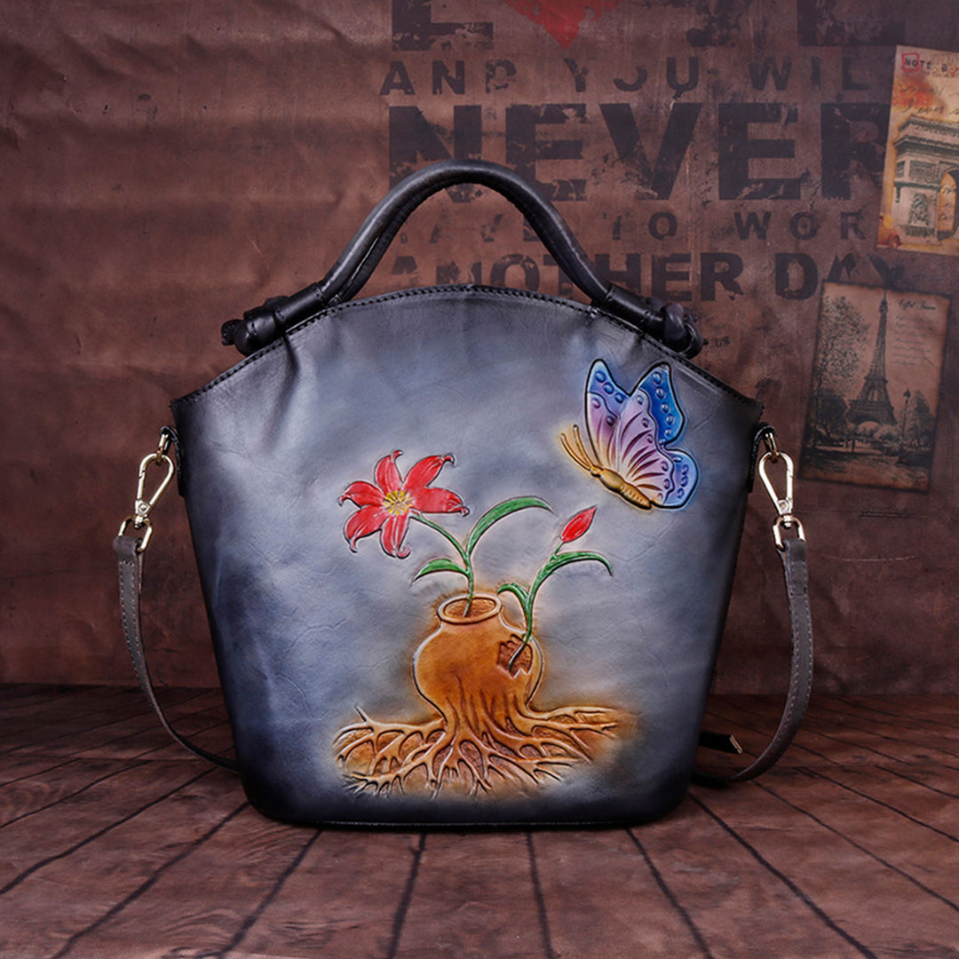 Vintage Embossed Floral Leather Fashion Bucket Bag