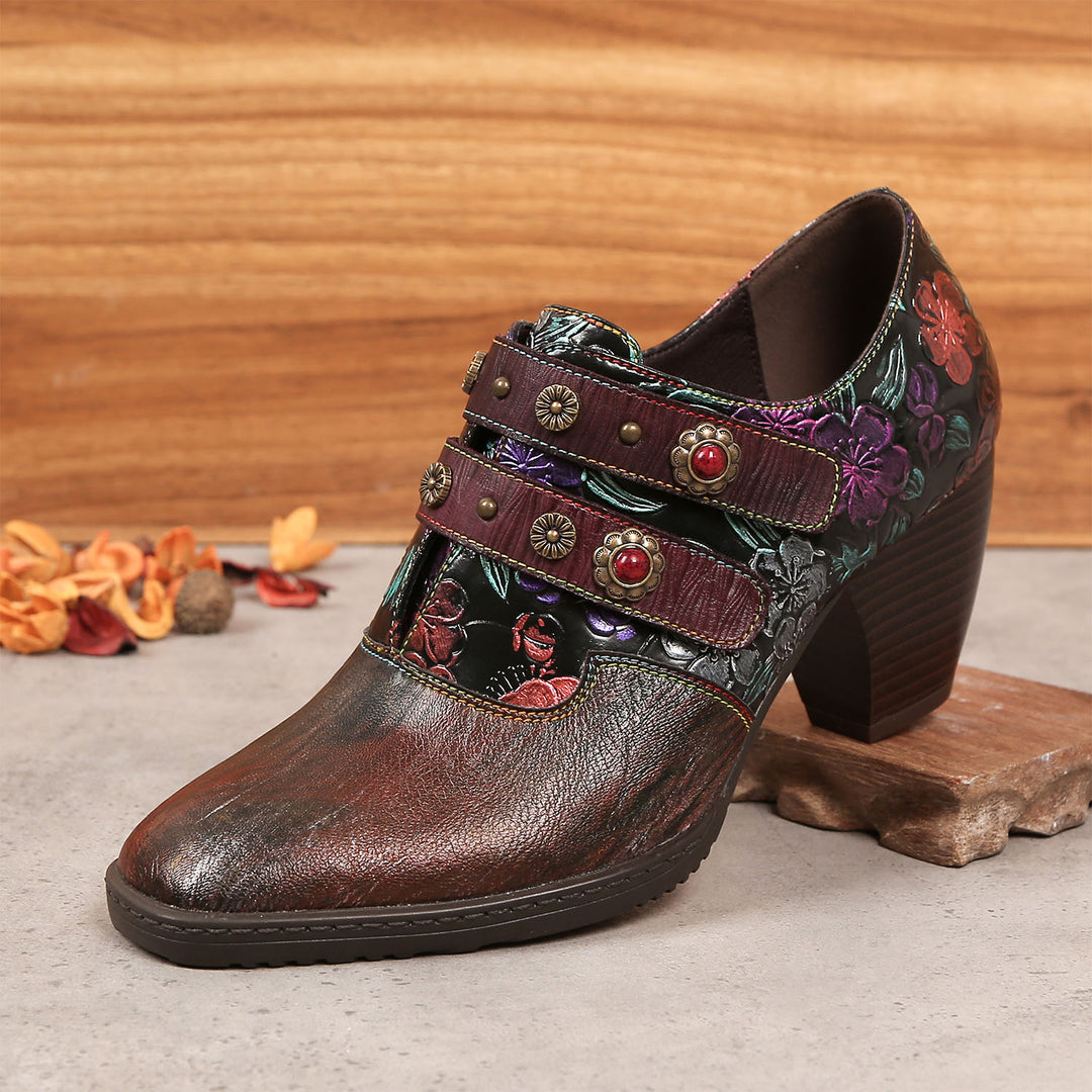 Retro Floral Embossed Square Toe Pumps