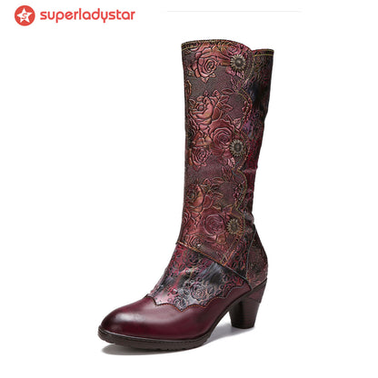 Warm Embossed Real Leather Button Boots