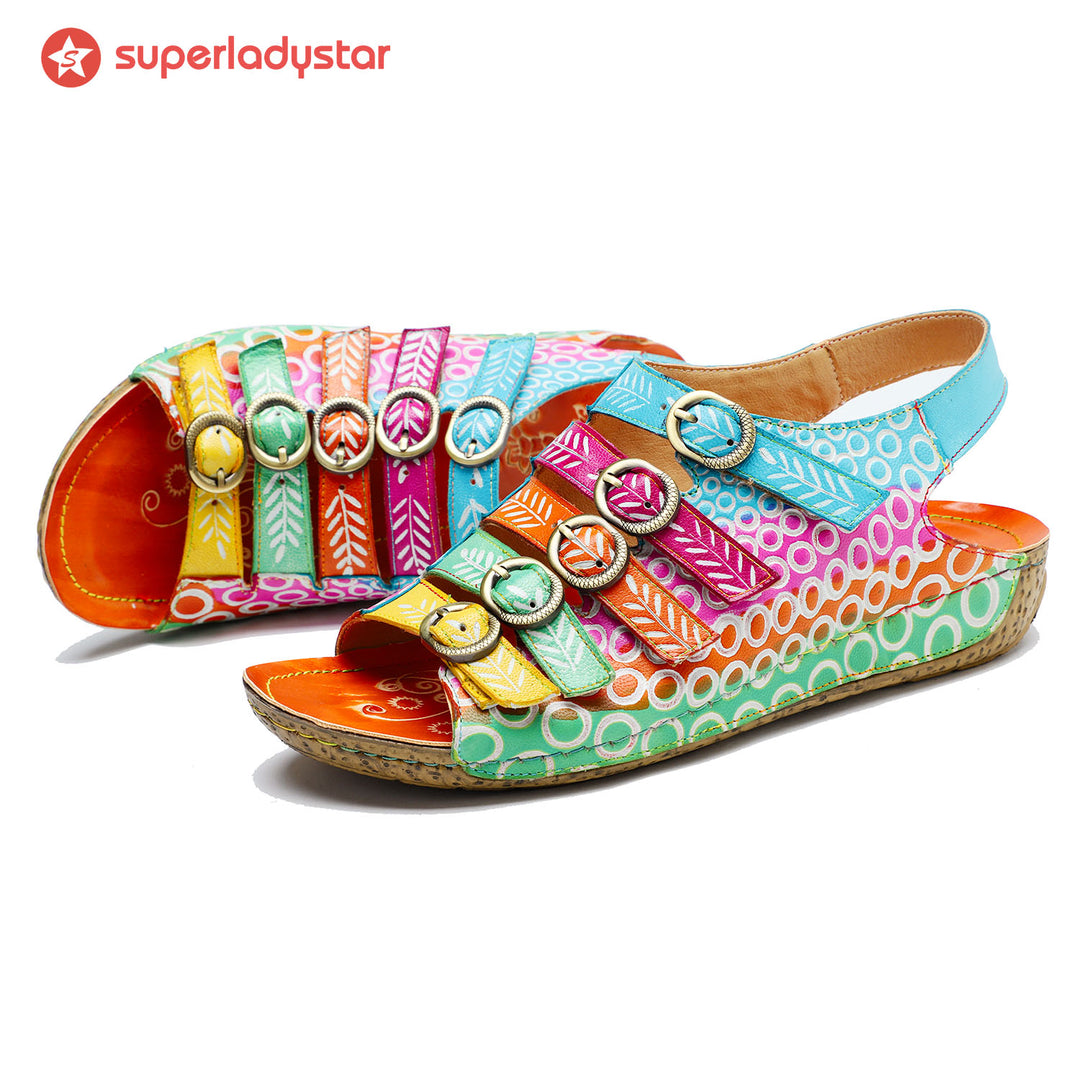 Colorful Floral Embossed Leather Sandals