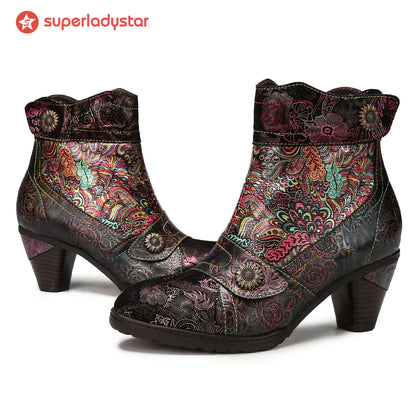 Vintage Printed Leather Round Toe Buckle Ankle Boots