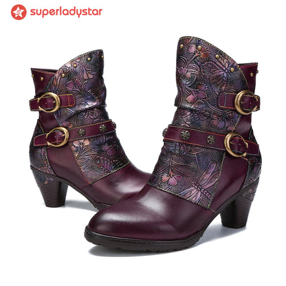 Retro Painted Genuine Leather Clasp Ankle Boots