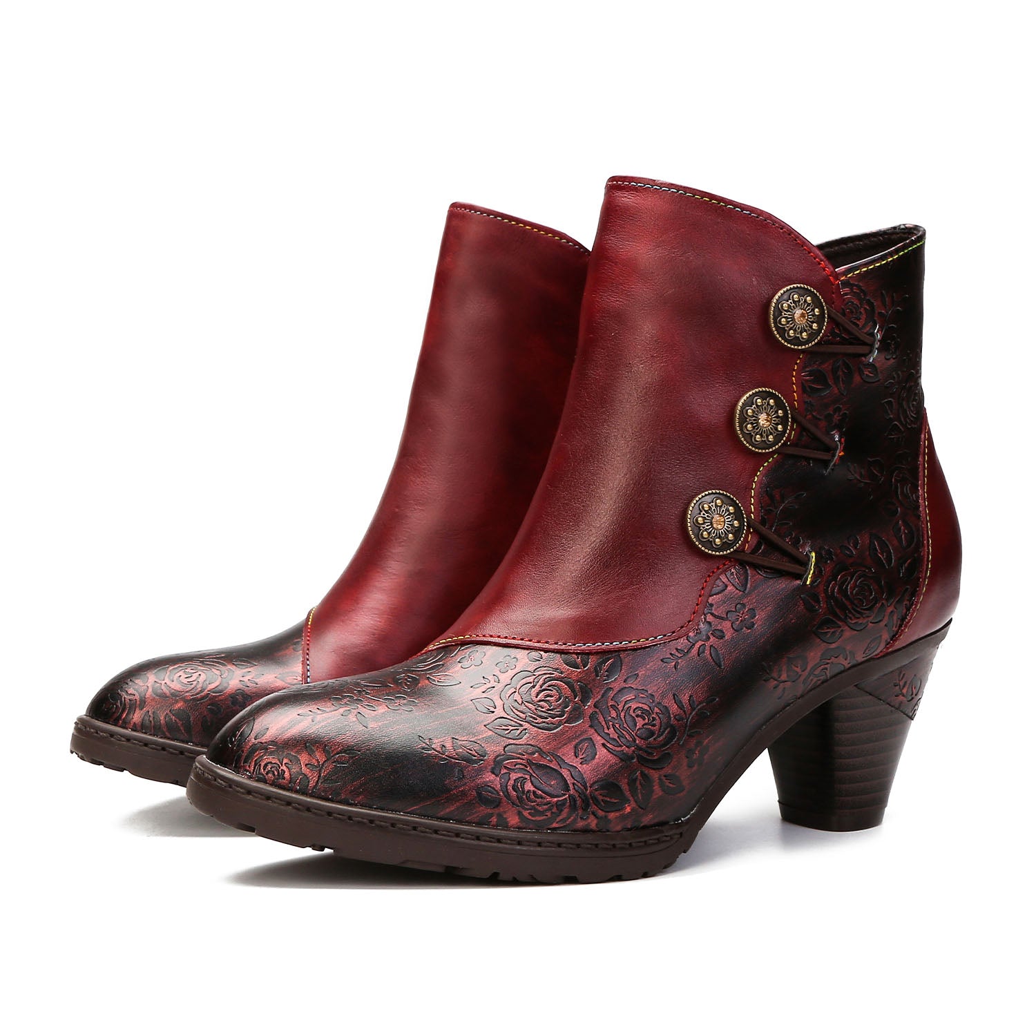 Retro Handmade Floral Stitching Button Boots