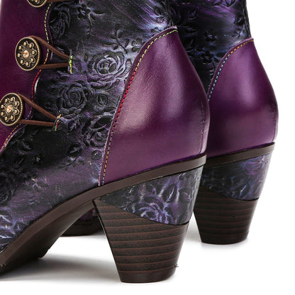 Retro Handmade Floral Stitching Button Boots