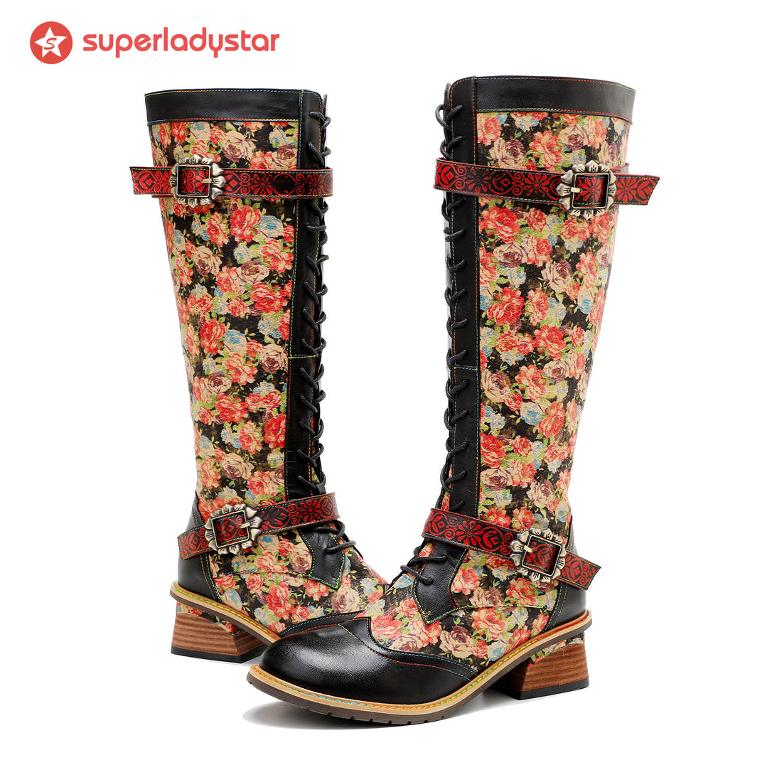 Botas florales impresionantes impresas a mano vintage