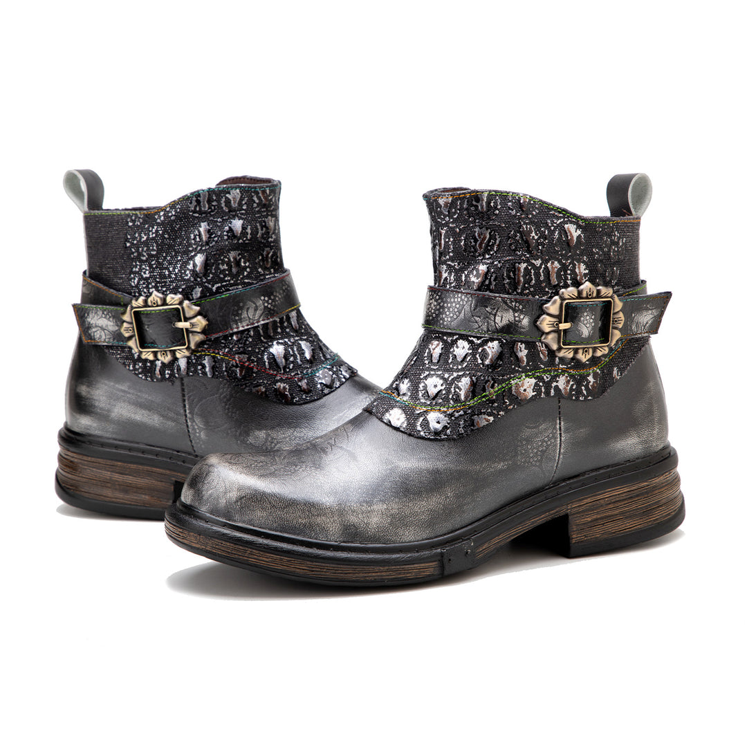 Retro Patchwork Metallic Low Heel Ankle Boots
