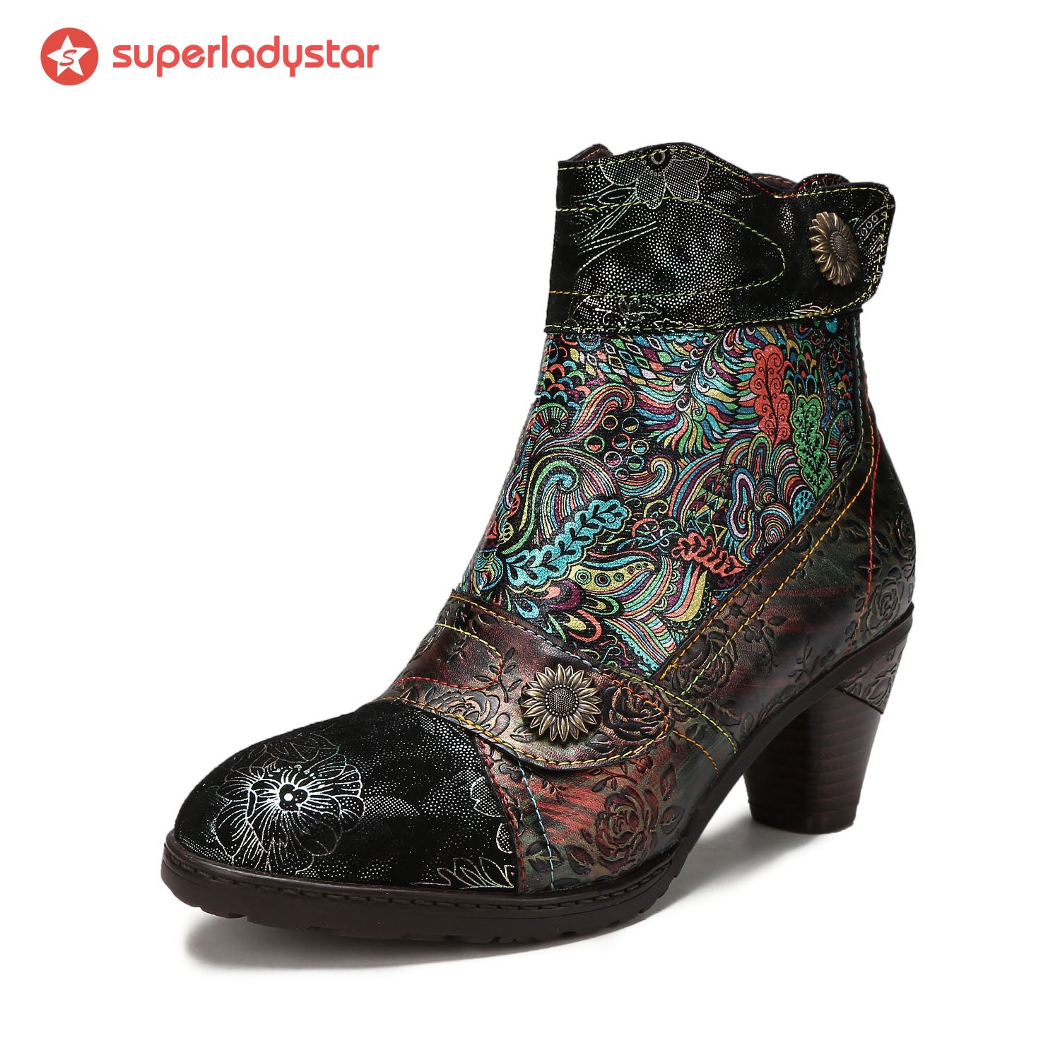 Vintage Printed Leather Round Toe Buckle Ankle Boots