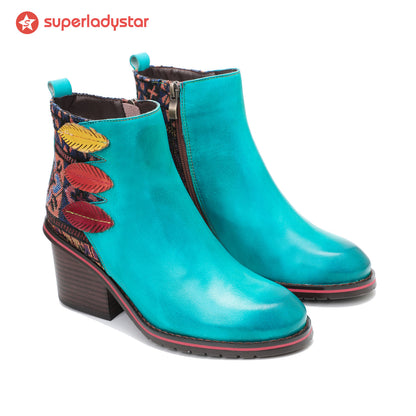 Retro Leaf Leather Comfort Block Heel Booties