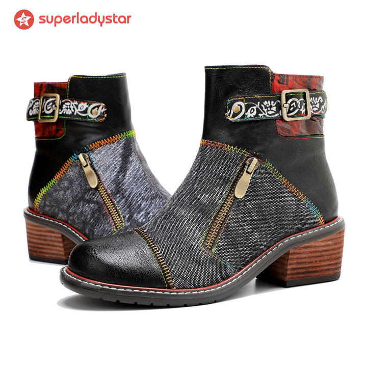 Retro Patchwork Color Contrast Comfort Booties