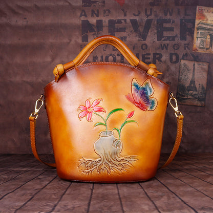 Sac de godet de mode en cuir floral en relief vintage
