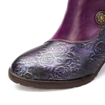 Retro Handmade Floral Stitching Button Boots