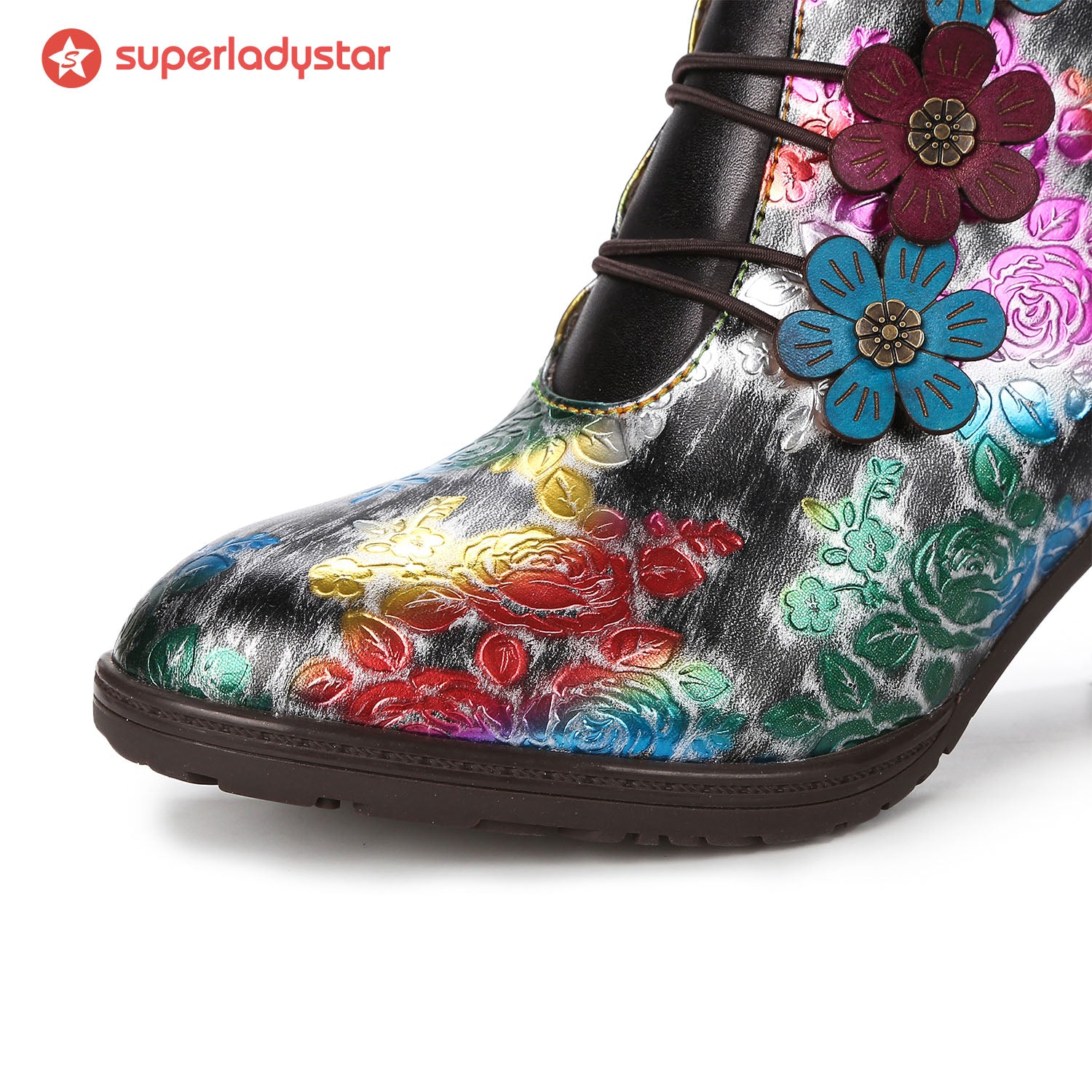 Colorful Vintage Printed Leather Ankle Boots