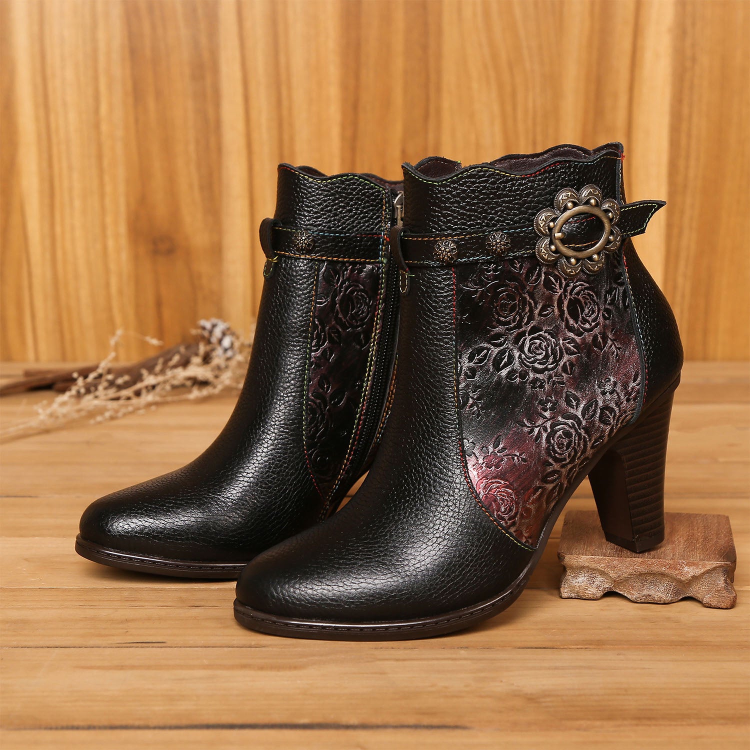 Retro Handmade Embossed Floral Stitching Booties