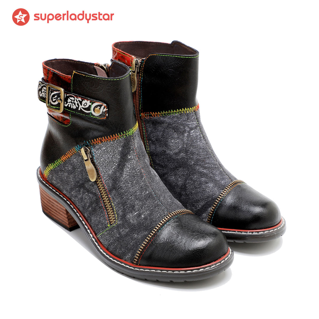 Retro Patchwork Color Contrast Comfort Booties