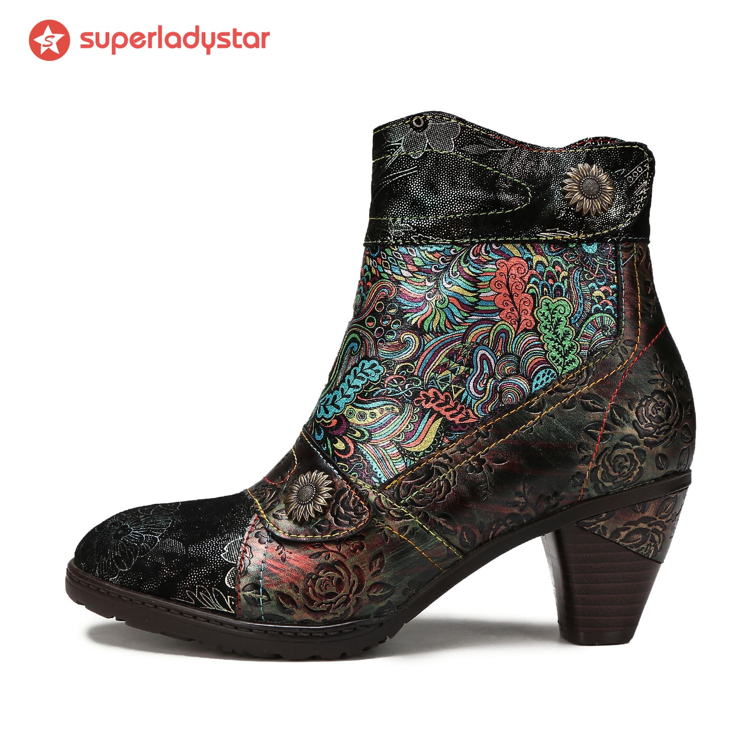 Vintage Printed Leather Round Toe Buckle Ankle Boots