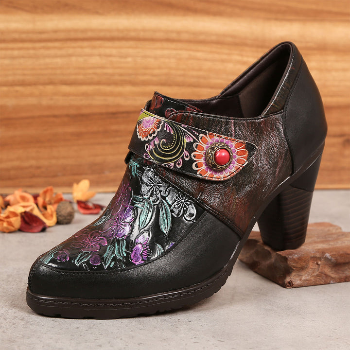 Retro Flowers Stitching Leather Pumps