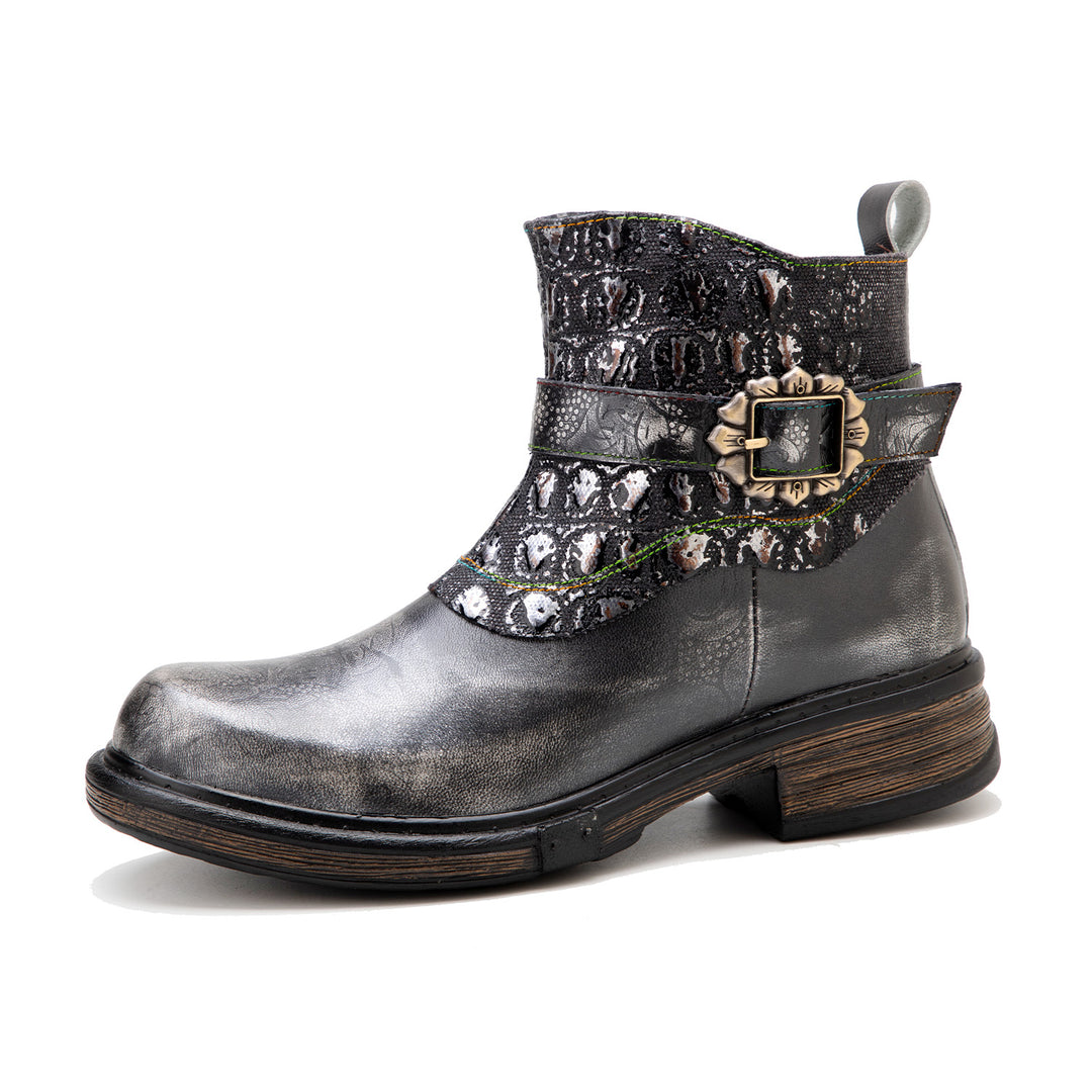 Retro Patchwork Metallic Low Heel Ankle Boots