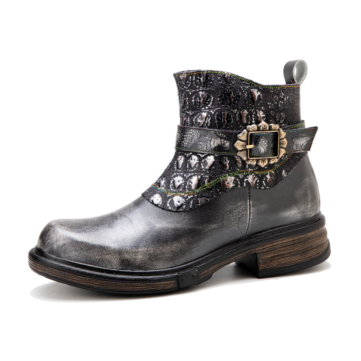 Retro Patchwork Metallic Low Heel Ankle Boots