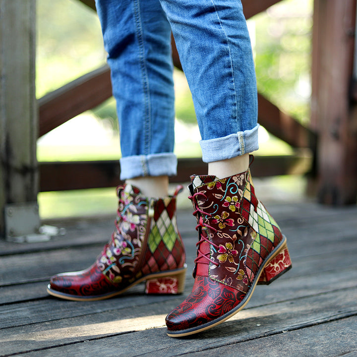 Cowgirl Splicing Pattern Genuine Leather Zipper Boots