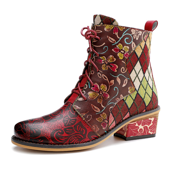 Cowgirl Splicing Pattern Genuine Leather Zipper Boots