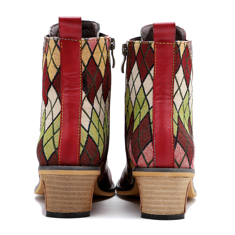 Cowgirl Splicing Pattern Genuine Leather Zipper Boots