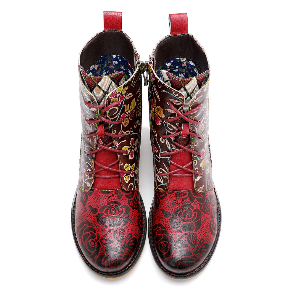 Cowgirl Splicing Pattern Genuine Leather Zipper Boots