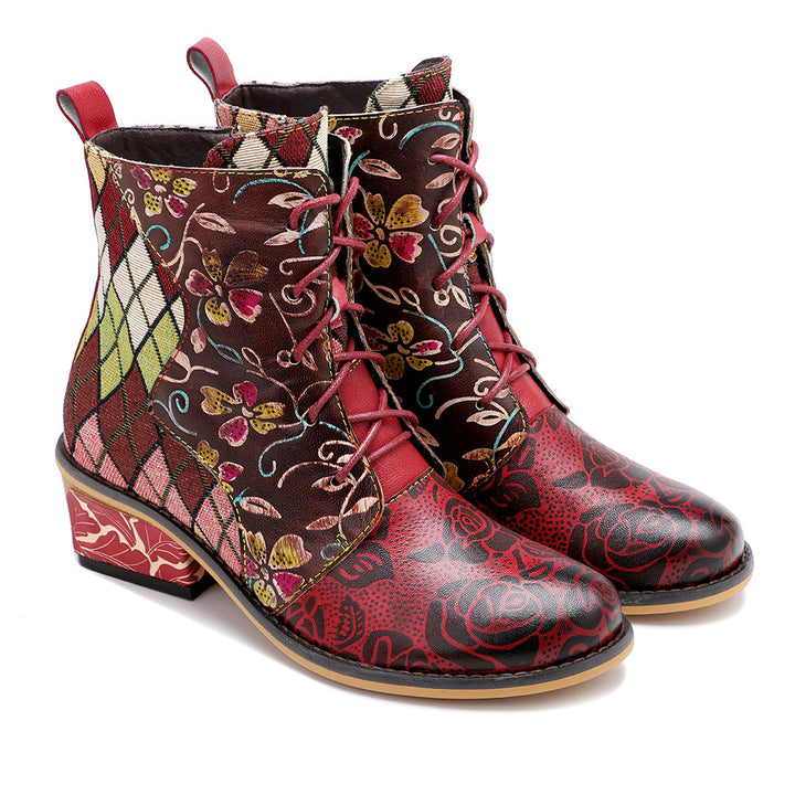 Cowgirl Splicing Pattern Genuine Leather Zipper Boots