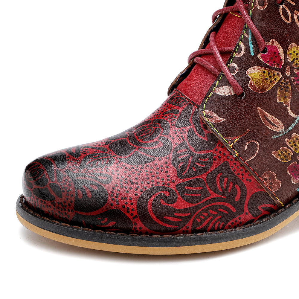 Cowgirl Splicing Pattern Genuine Leather Zipper Boots