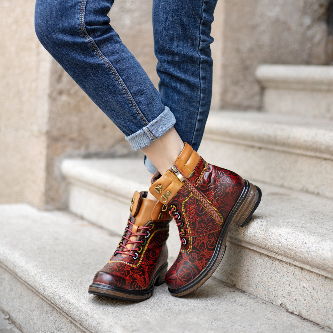 Retro Flower Embossed Chunky Heel Ankle Boots