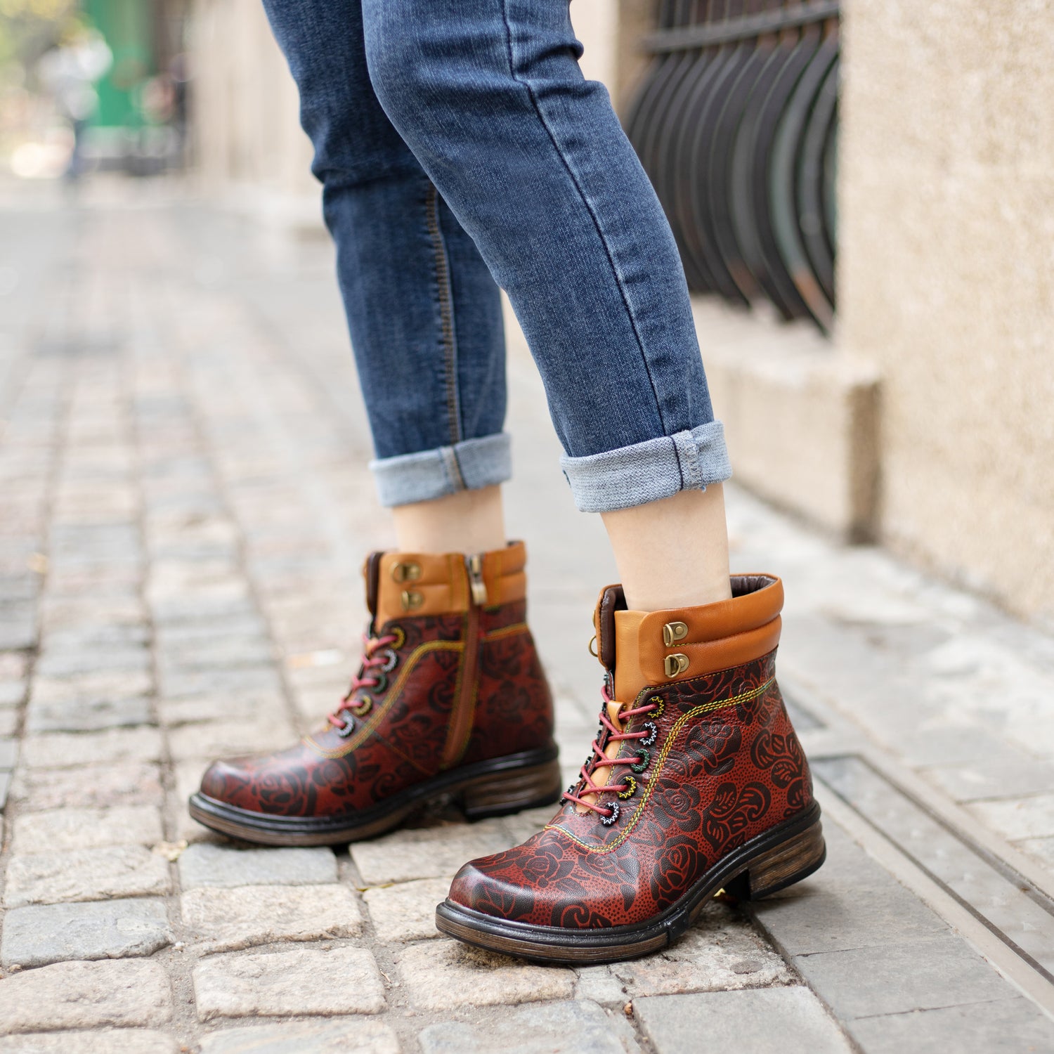 Retro Flower Embossed Chunky Heel Ankle Boots