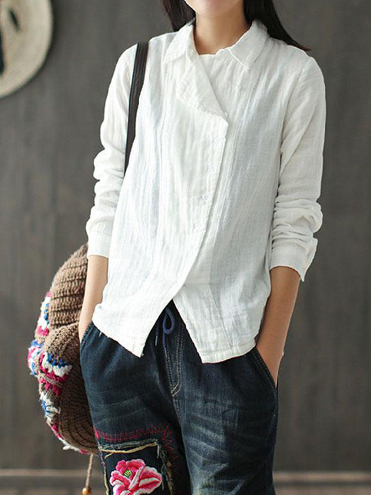 Women Cotton Linen Long Sleeve Side Button Down Loose Casual Blouse