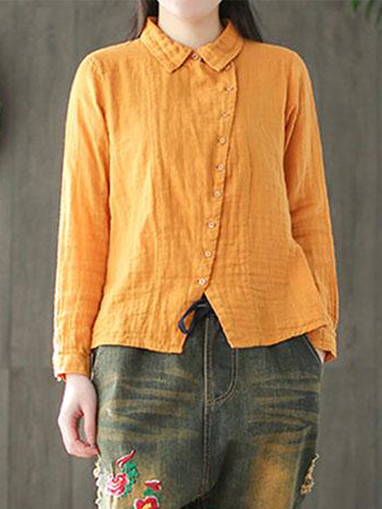 Women Cotton Linen Long Sleeve Side Button Down Loose Casual Blouse