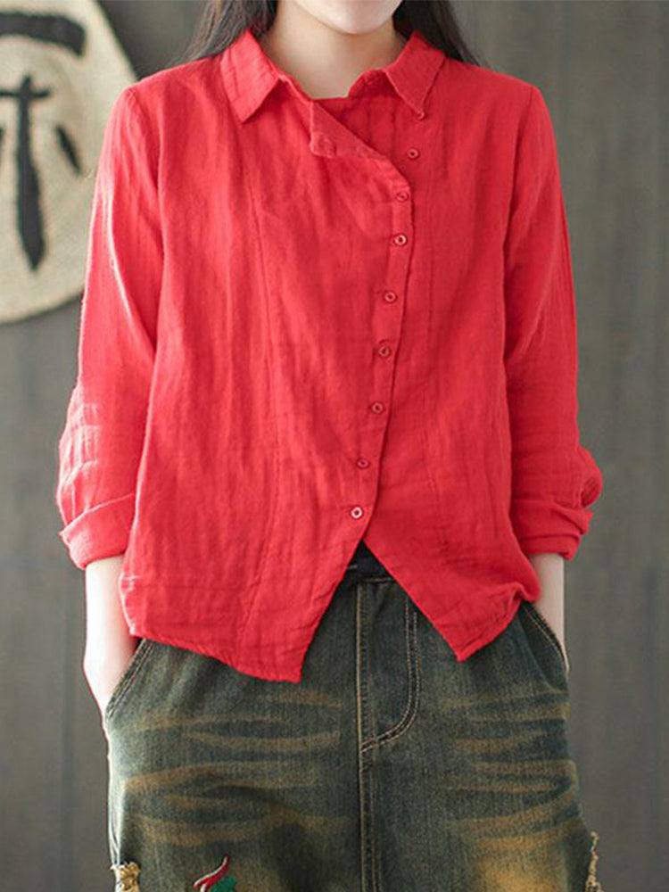 Women Cotton Linen Long Sleeve Side Button Down Loose Casual Blouse