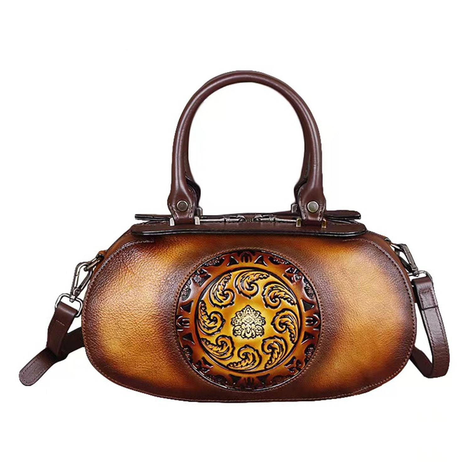 Vintage Embossed Leather Handmade Oval Handbag Messenger Bag