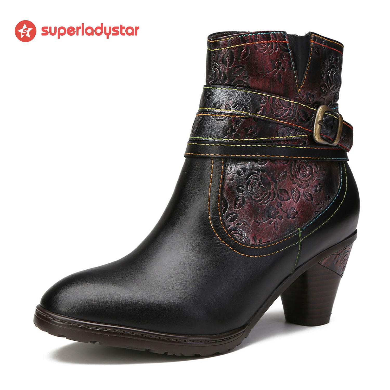 Handmade Floral Embossed Ankle Boots